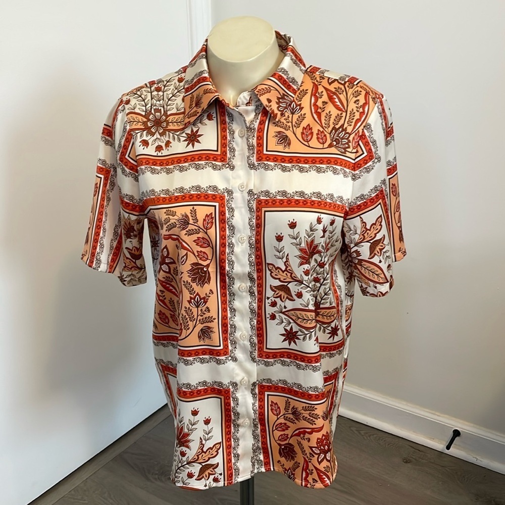 RACHEL ZOE SIZE SMALL MULTI-COLOR SCARF PRINT SHORT SLEEVE SLIK BLOUSE